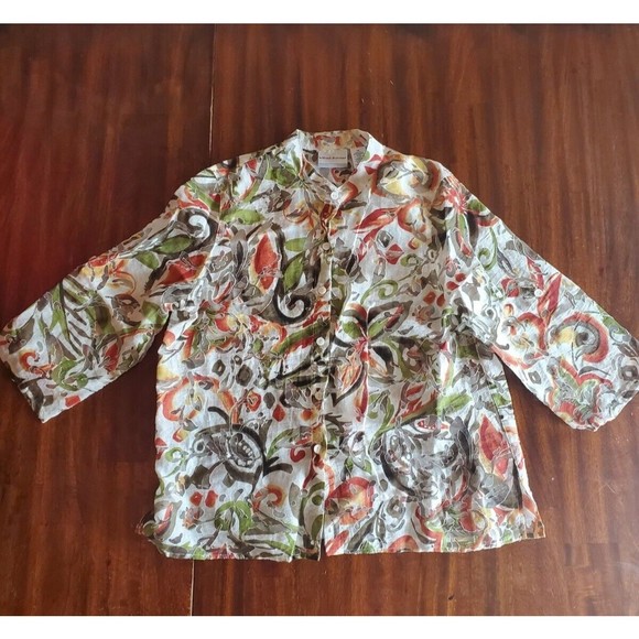 Alfred Dunner Plus Earth Toned Floral Semi Sheer 3/4 Sleeve Button Down Top 14 P - Picture 2 of 8